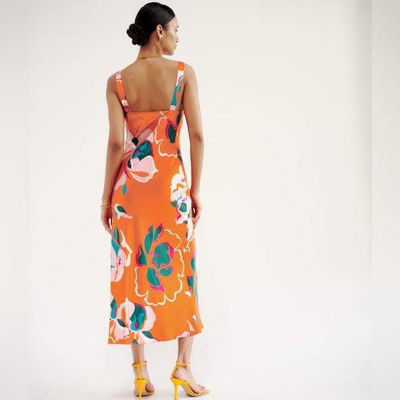 Reformation Daytona Silk Dress Medium Sleeveless Orange Floral Midi V Neck - Picture 8 of 16